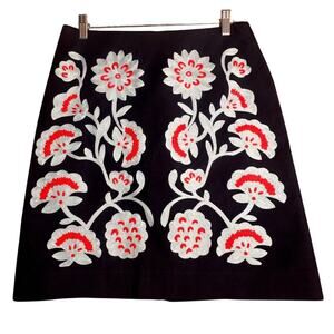 Boden Navy Velveteen Pencil Mini Skirt Red Blue Floral Embroidery Classy Sz 4